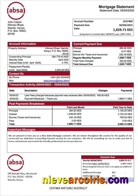 Kenya Absa Bank mortgage statement Word and PDF template